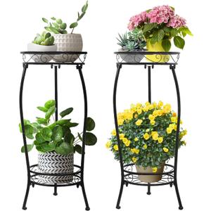 2 Pack Plant Stand Indoor Outdoor 2 Tier 27" Tall Metal Potted Holder Rack Flower Pot Stand Heavy Duty Plant Shelf Rustproof Iron Multiple Plant Round Supports Rack for Planter Corner Garden