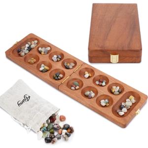Ajuny Wooden Mancala Board Game Set  Classic Board Games, Portable Folding Travel Mancala Board with Marbles (72+8 Stones), Ideal Family Wooden Games for Adults & Kids (9.5 Inch, Brown)