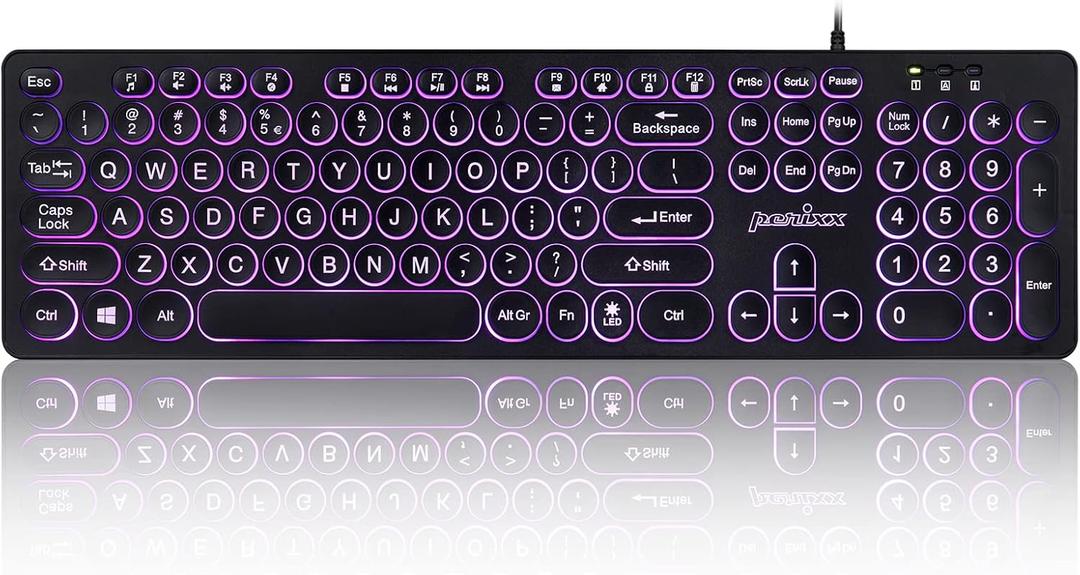 Perixx PERIBOARD-317R Wired Backlit USB Keyboard - Big Print Letter - Tri-Color Illuminated LED - Stylish Round Keycaps - US English