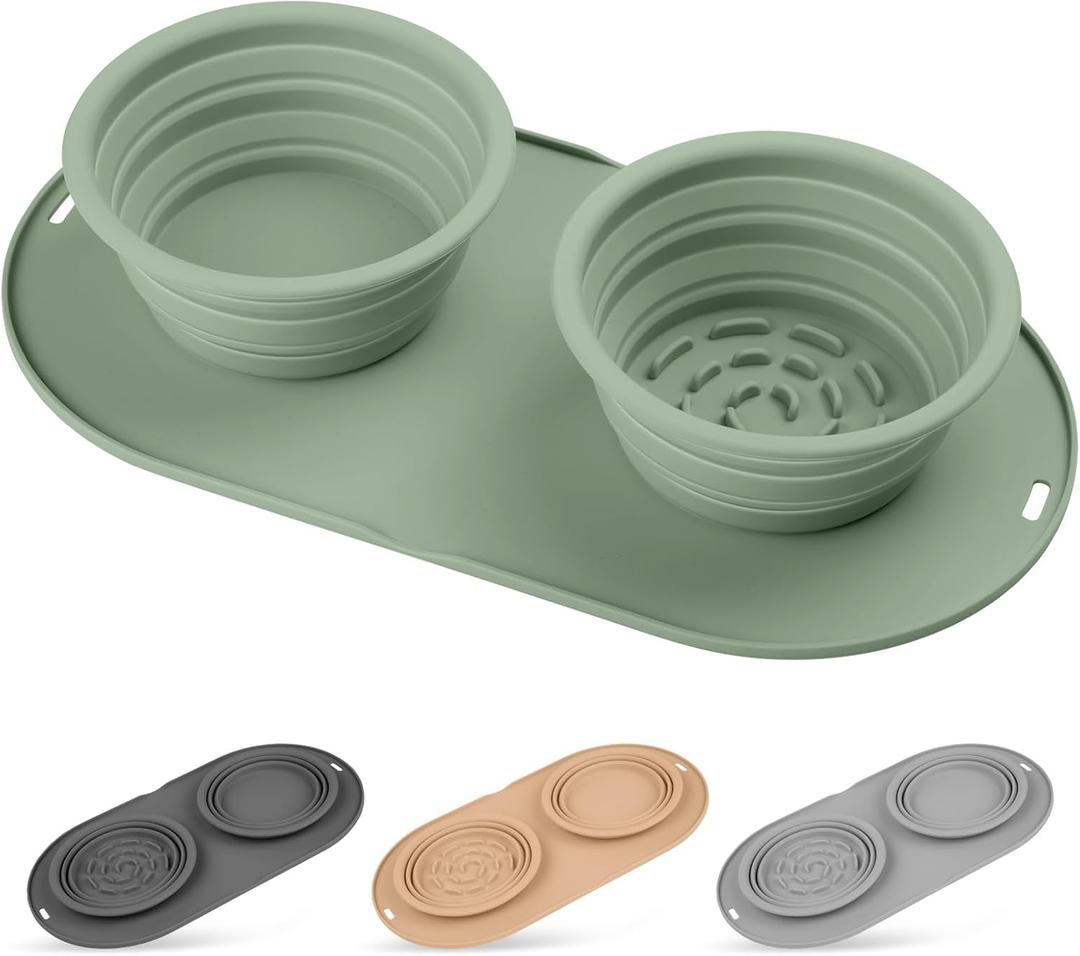 Puppy Dog Bowl, Travel Bowls Dog Food Bowls&Dog Water Bowls, No Spills, Collapsible Double Bowl, Suitable for Small and Medium Sized Dogs(Green)