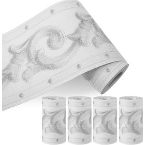 TaoBary 4 Rolls Peel and Stick Wallpaper Border 3D Flower Pattern 4 Inch x 16.4 ft Self Adhesive Mirror Frame Sticker DIY Waterproof Wall Decor for Bathroom Kitchen Bathroom(Gray,Vine)