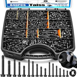 Taiss #14#12#10#8 Self Tapping Screws for Metal,410 Stainless Steel Metal Quick Sheet Metal Screws,840PCS Black zinc Plating,Hex Washer Head Self Drilling Screw with Rubber Washer