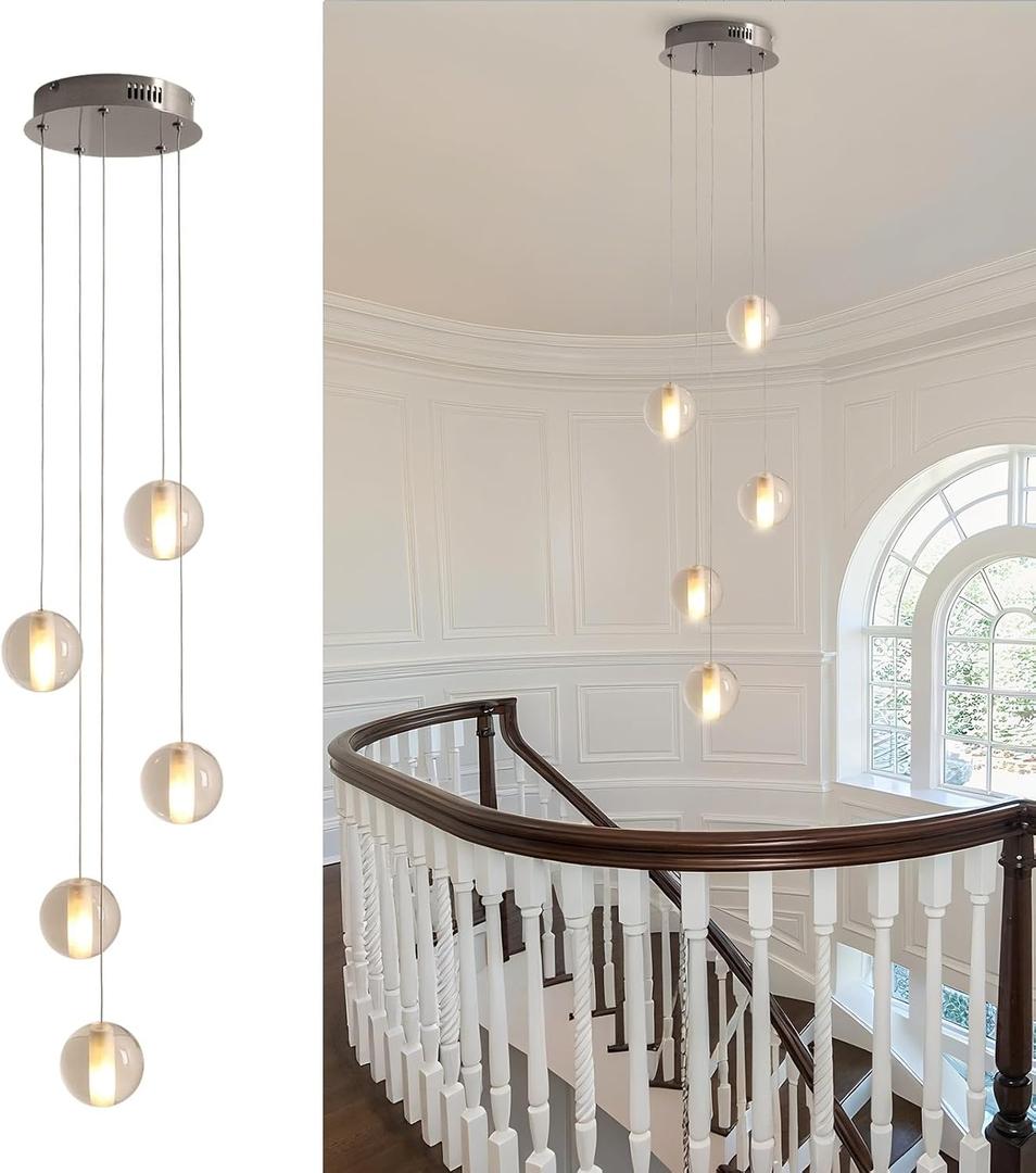 5 Lights Foyer Chandeliers for High Ceilings Raindrop Crystal Ball Chandelier Dimmable LED Entryway Pendant Light Hanging for Dining Room Kitchen Island Hallway, Include Bulbs (Nickel)