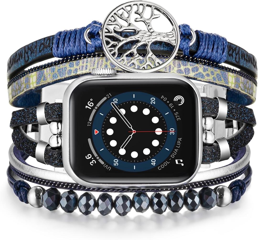 Boho Bands for Women Compatible for Apple Watch 38mm 40mm 41mm 42mm, Watch Bands Bracelet Multilayer Wrap Strap iWatch Series 10 (Blue)