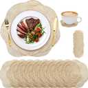 Lyellfe 20 Pack Gold Pressed Vinyl Placemats, 15 Inch Metallic Non-Slip Washable PVC Chargers Placemat, Including 10 Placemats and 10 Coasters for Dining Table, Wedding, Party, Rose Flower Shape
