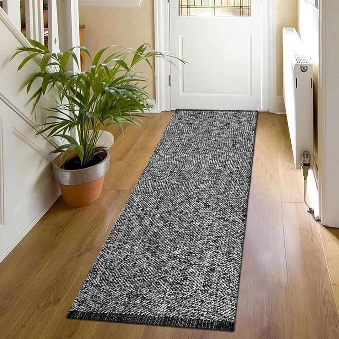 LEEVAN Washable Runner Rug 2'x6' - Black Hallway Runner Reversible Entryway Rug, Boho Cotton Bedroom Modern Farmhouse Bathroom Woven Kitchen Long Carpet for Foyer
