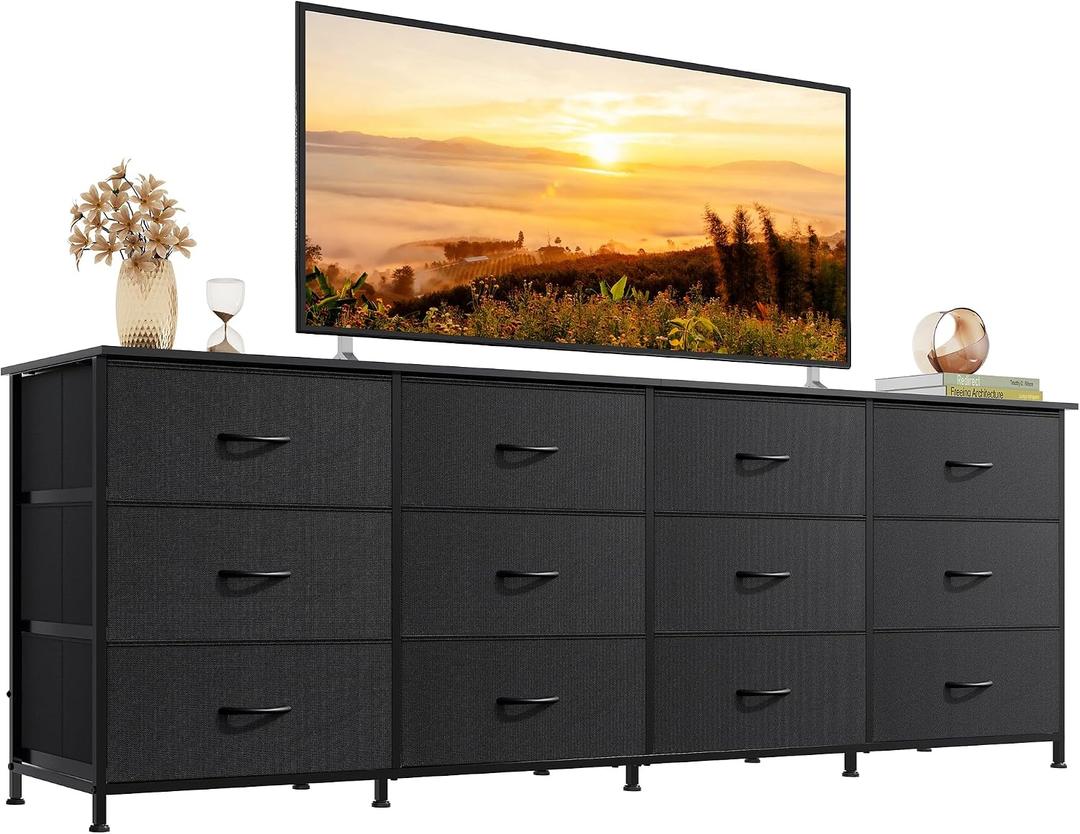 WLIVE 75.5'' Black Dresser for Bedroom, TV Stand for 85, 80, 75, 65 Inch TV, 12 Drawer Long Fabric Dresser with Wood Top, Wide Entertainment Center Storage Chest for Living Room, Closet