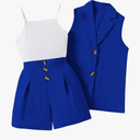 Girl's 3 Piece Outfits Suit Set Button Sleeveless Blazer Vest and Ribbed Cami Top with Pleated Shorts 10y