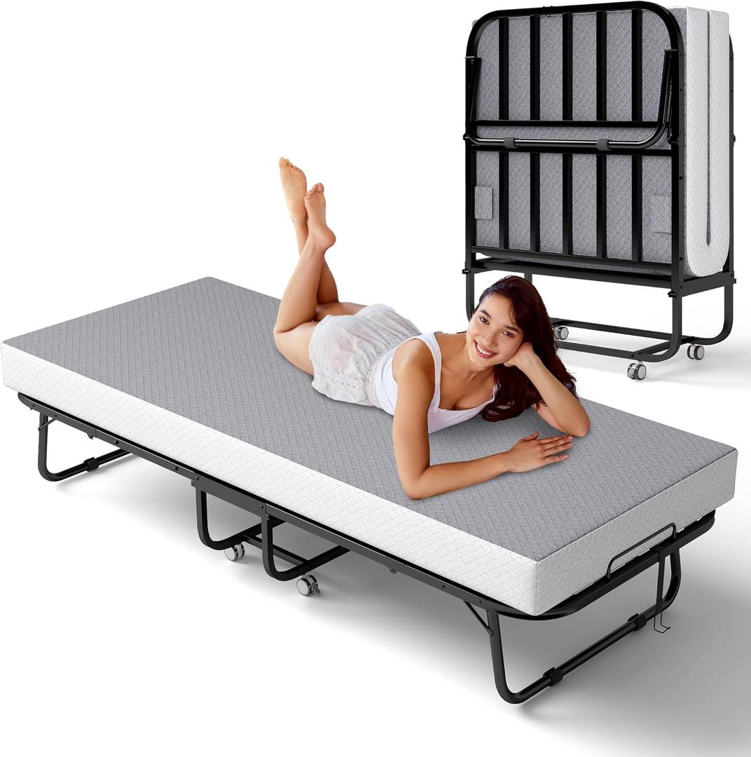Folding Bed with Memory Foam Mattress, Portable Rollaway Guest Beds on Wheels, 75"x31" Twin Size Space-Saving Cot-Size Bed for Adults with Easy Assembly Metal Frame (Grey) (31inch)