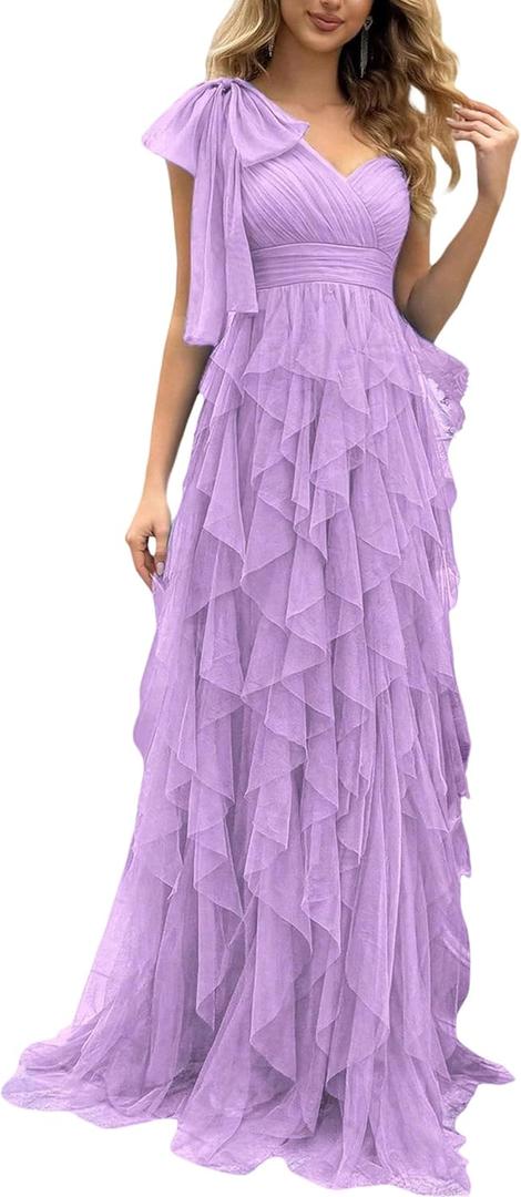 Summer Women Tulle Prom Dress Elegant Bow One Shoulder Slit Evening Party Gown Wedding Guest Bridesmaid Maxi Dress, XXL