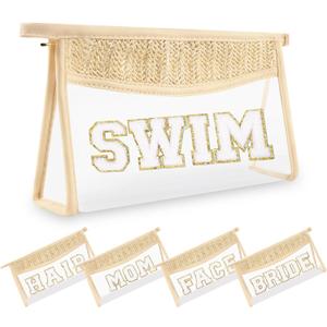 Small Boho Straw Clear Swim Makeup Bags for Women&Girls, Zipper Cosmetic Bag Chenille Varsity Letter Patch Bag, Preppy Cute Toiletry Pouch, Trendy Organizer Storage Bag for Beach Travel Essentials