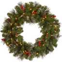 National Tree Company 24 in Pre-Lit Crestwood Spruce Artificial Christmas Wreath, Christmas Decoration with Glitter, Pinecones, Red Berries, 50 Clear Lights, 160 Tips, Green