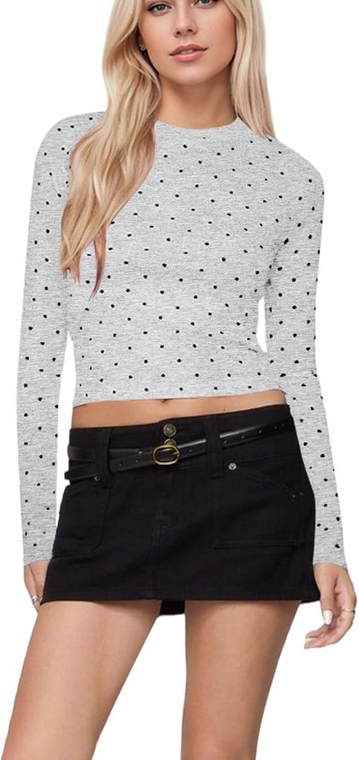 Women Polka Dot Long Sleeve Crop Tops Slim Fit Crew Neck Casual T Shirts Fall Basic Going Out Top (Black, M)