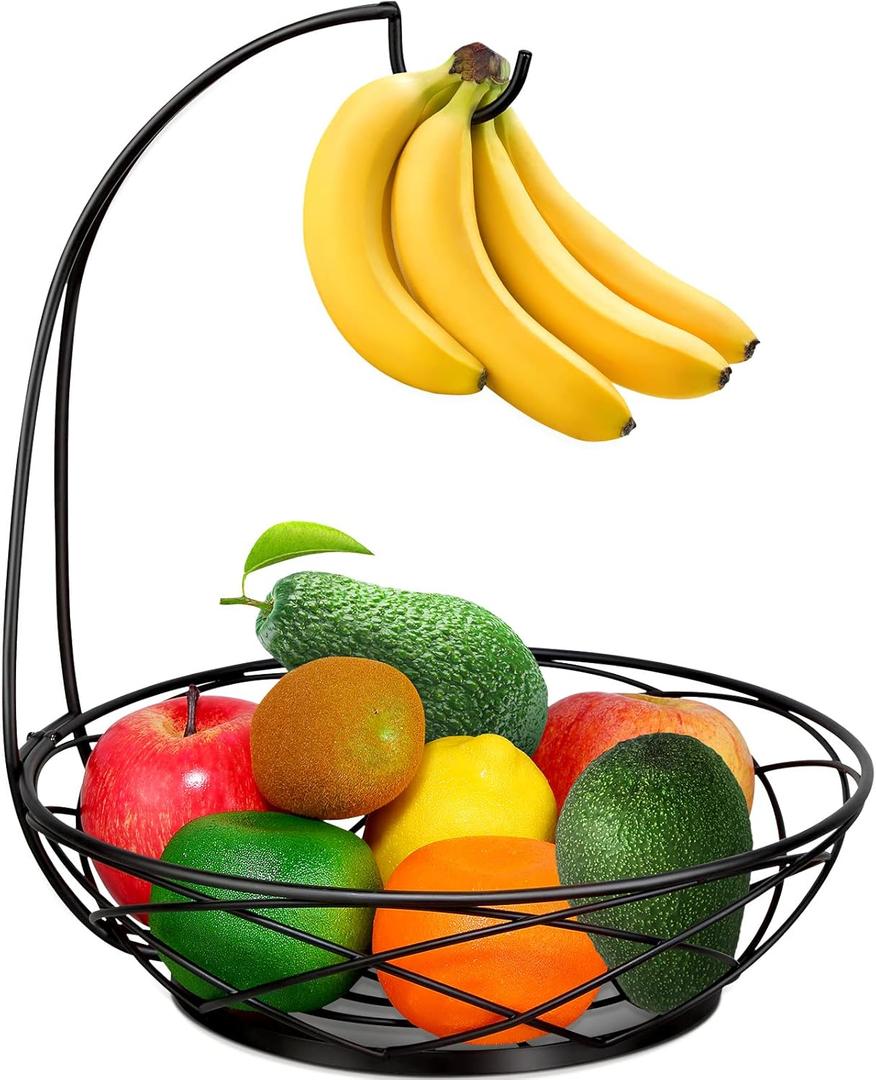 Fruit Bowl with Banana Hanger - Fruit Basket for Kitchen Counter with Holder - Black Chrome