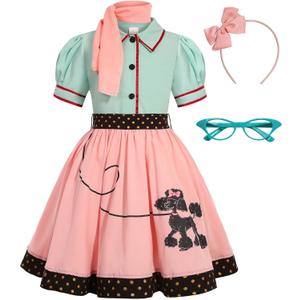 SIZGAROOT 50s Outfit for Girls 50s Costume Girls Poodle Skirt Halloween Party Dress Up (6-8 Years)