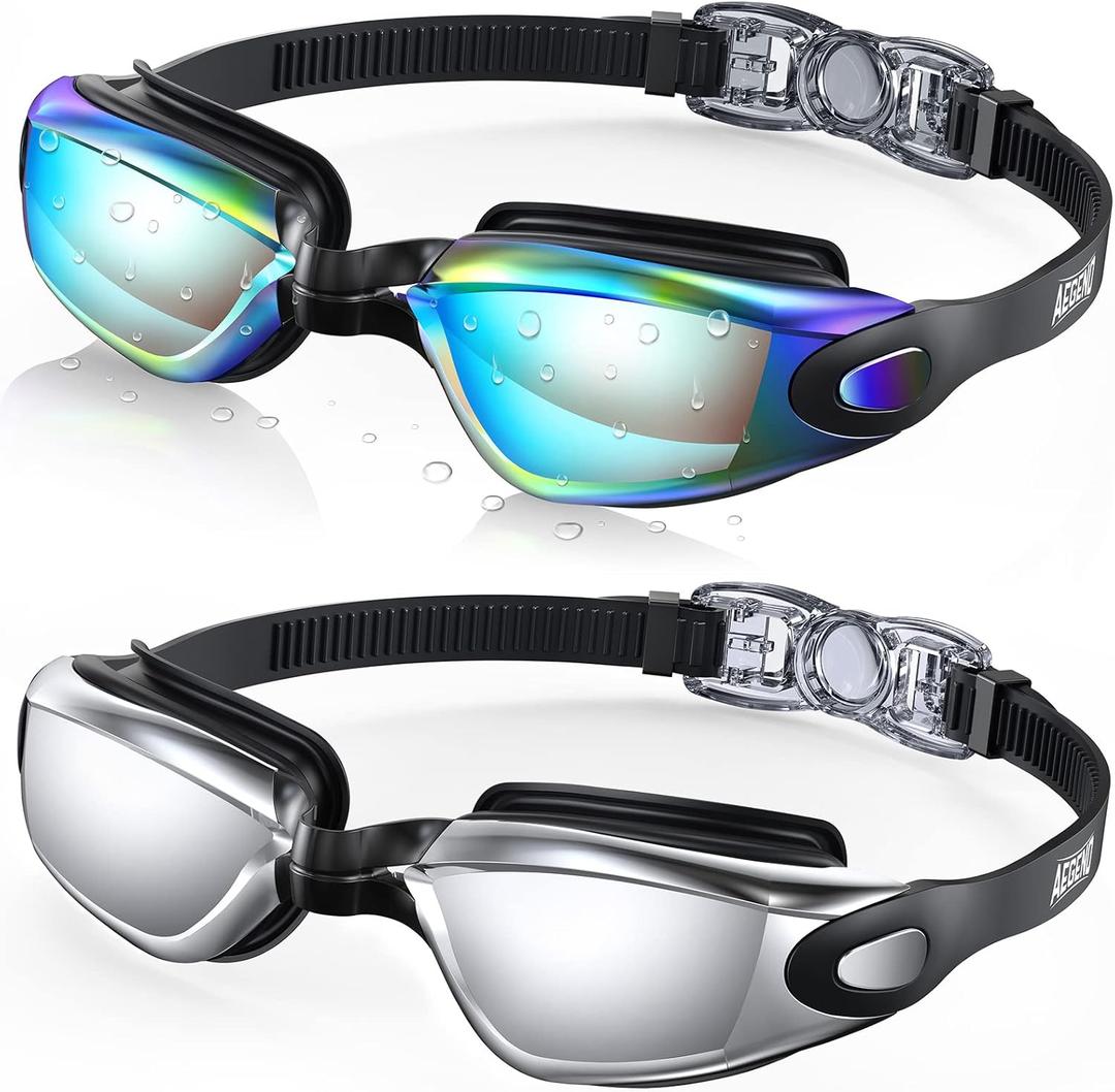 Aegend Swim Goggles 2-Pack, No Leaking Anti-Fog UV Protection Mirrored Swim Glasses for Adult Men Women, Wide View Outdoor