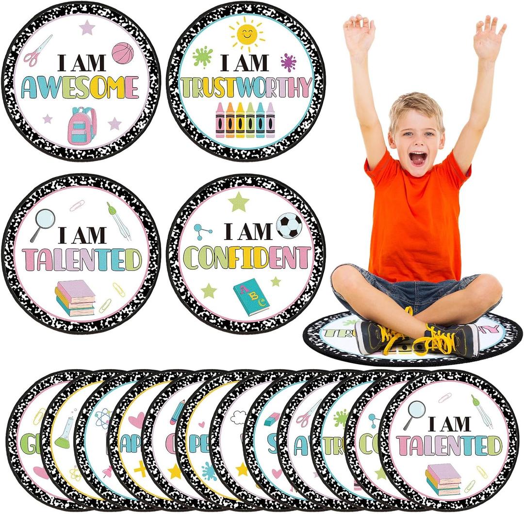 Tinideya 12 Pcs Kids Carpet Circle Seats for Class 16 Inch Round Classroom Rug Floor Cushions Soft First Day of School Educational Mat Non Slip Back to School Learning Playing Areas(Positive)
