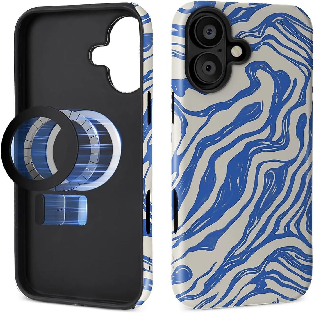 Toulas Case for iPhone 16 Plus,[Compatible with MagSafe]Deep Blue Waves Design Phone case,Hybrid Double-Layer Protection,Shockproof Fingerprint Resistant
