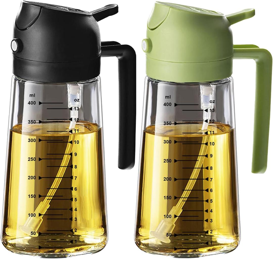 TrendPlain 16oz/470ml Glass Olive Oil Sprayer for Cooking  2 in 1 Olive Oil Dispenser Bottle for Kitchen Gadgets and Air Fryer Accessories, Salad, BBQ - Black & Green