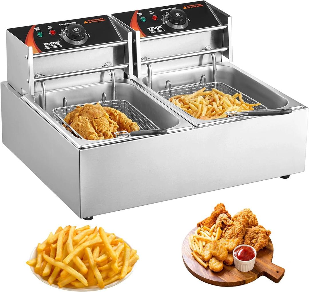 VEVOR Commercial Deep Fryer, Dual Tank 3000W Electric Countertop Fryer with Basket, 2 x 9.1Qt/8.6L Double Stainless Steel Oil Fryer, with Temp Control & Overheat Protection, for Kitchen Restaurant Use VEVOR Commercial Deep Fryer, Dual Tank 3000W Electric Countertop Fryer with Basket, 2 x 9.1Qt/8.6L Double Stainless Steel Oil Fryer, with Temp Control & Overheat Protection, for Kitchen Restaurant Use