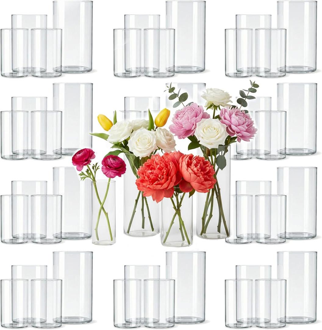48pcs Glass Cylinder Vases for Centerpieces,Clear Flower Vases for Wedding Decorations and Indoor Home Decor, Hurricane Candle Holder for Table Shelf, Party