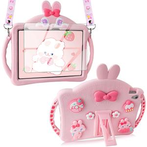for iPad 10th Generation Case 10.9 Inch 2022 Kids Girls for iPad A16 Case 11th Generation 2025 with Screen Protector Shoulder Straps Handle Cute Rabbit Soft Silicone Tablet Cover-Pink