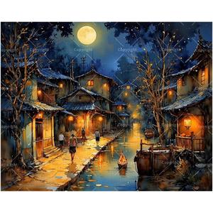 Landscape Paint by Numbers Kit for Adults - DIY Old Water Town at Night with Full Moon Painting on Canvas 16x20 Inches,Acrylic Paint Set,Suitable for Beginners,Asian Art for Decoration/Gifts
