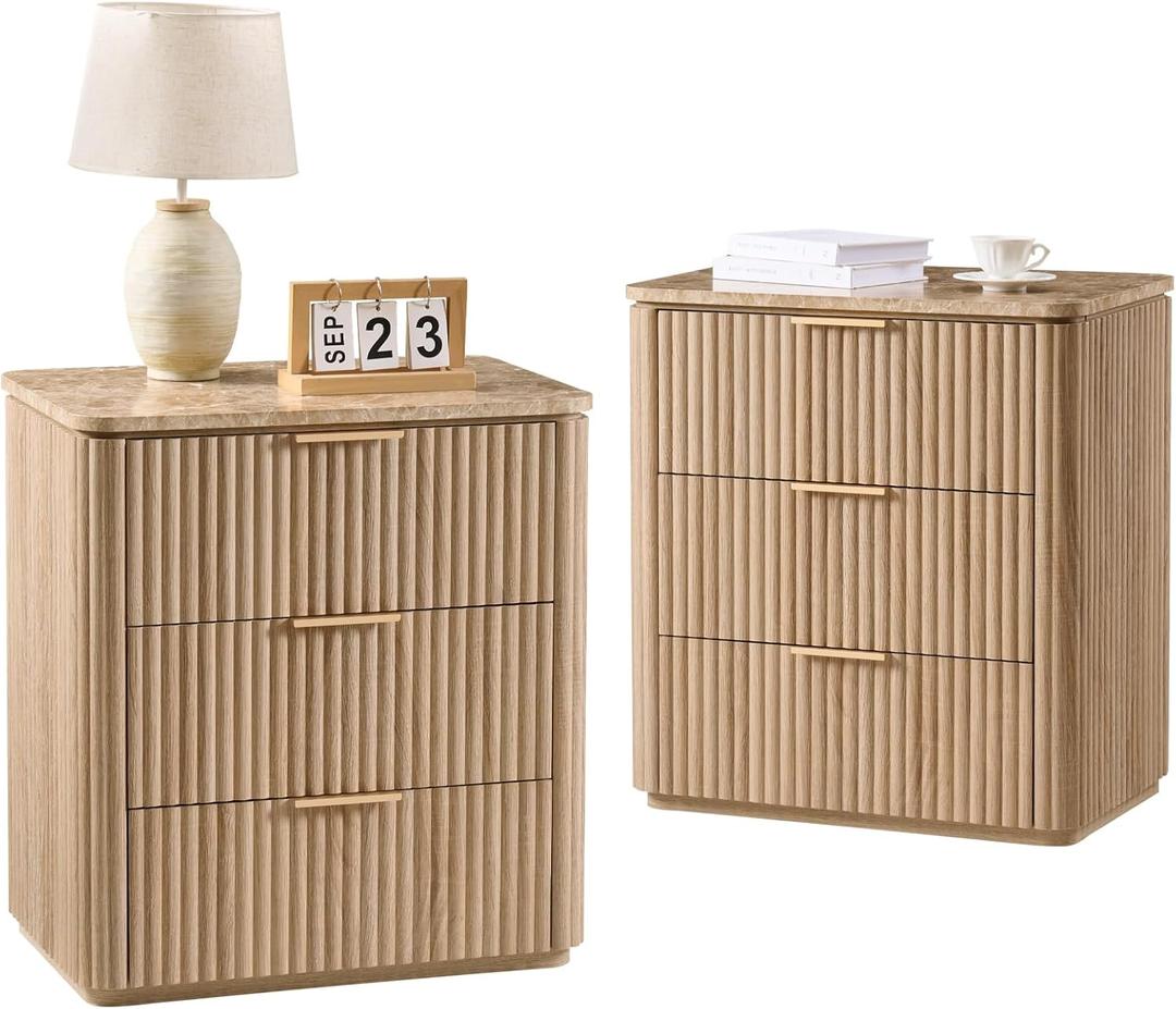 Fluted Nightstand Set of 2, 23" W Night Stand with 3 Drawers, Wood Bed Side Table with Faux Marble-Top, Curved Corner, Metal Handle, Modern Bedside Table for Bedroom, Living Room, Office, Natural Oak