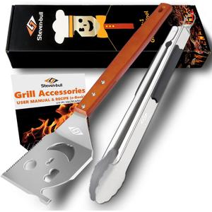 STEVEN-BULL S Heavy Duty BBQ Grill Tongs and Spatula for Outdoor Grill, 17 Long 5-in-1 Grill Spatula Comes with an 16 Long Locking Kitch Tongs, Best BBQ Gifts for Barbecue Grilling Master
