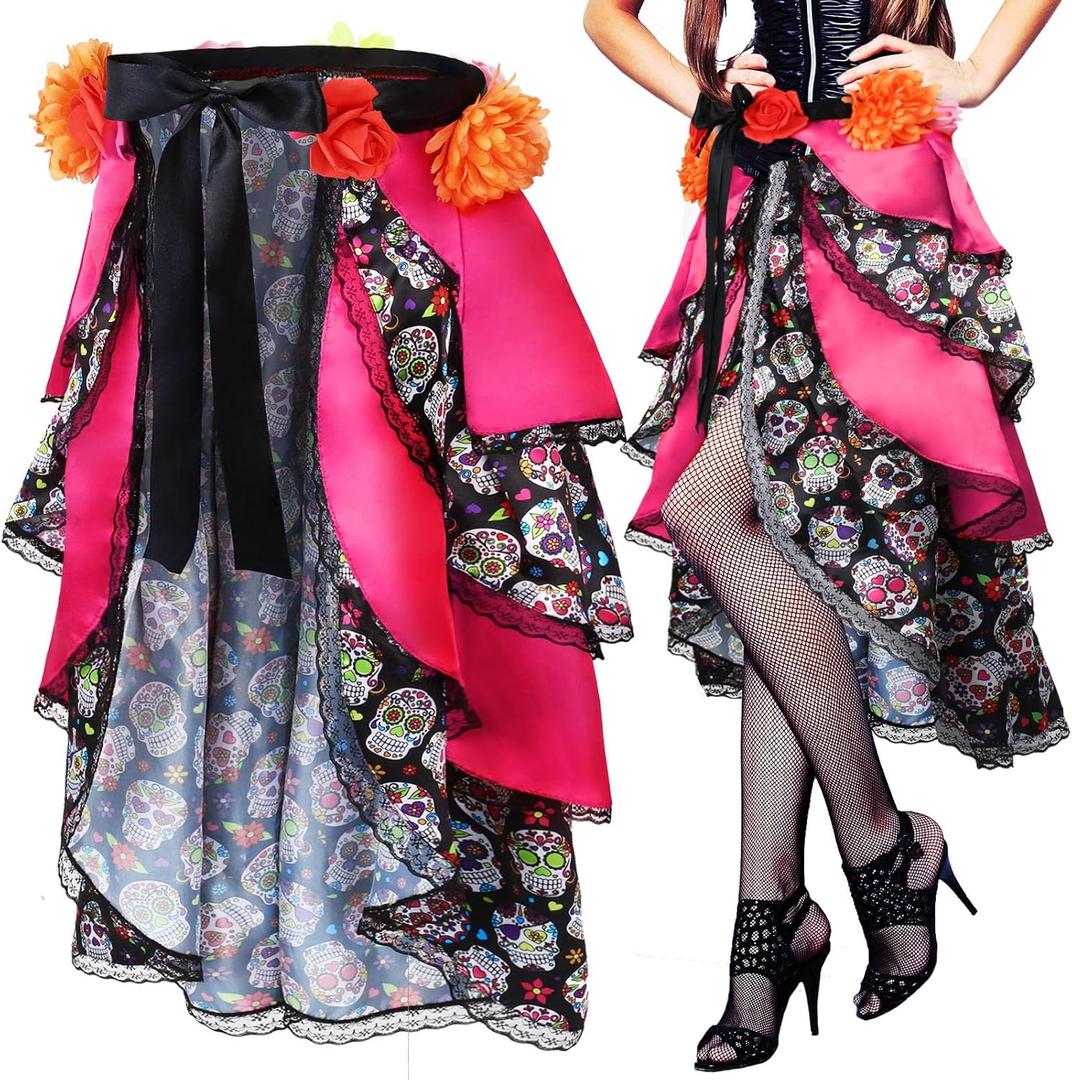 Xtinmee Women's Day of The Dead Costume Accessories Halloween Tie on Bustle Skirt Day of The Dead Skull Dress for Women (Pink)