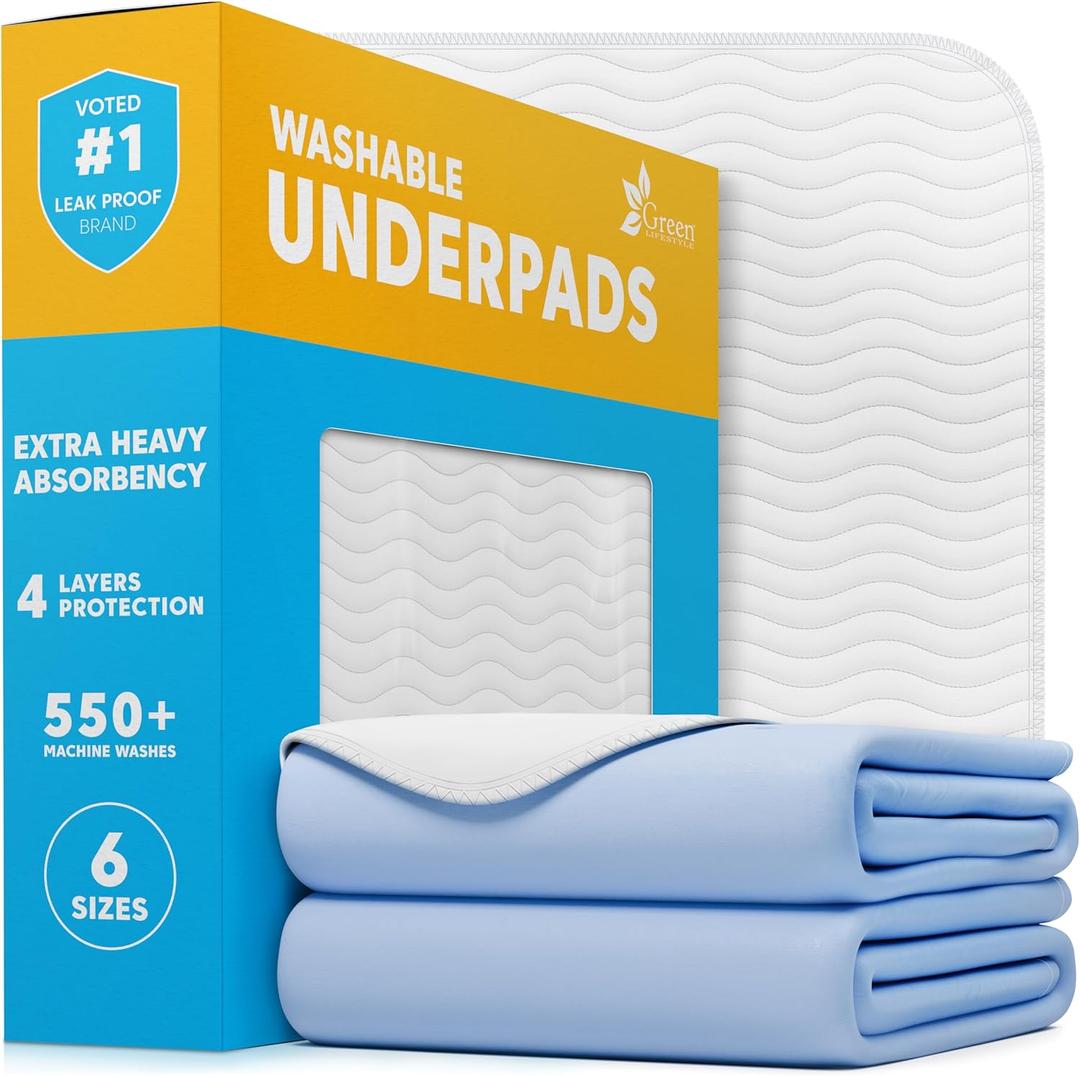GREEN LIFESTYLE Washable Underpads - Large Bed Pads for use as Incontinence Bed Pads, Reusable Pet Pads, Great for Dogs, Cats, Bunny, Seniors Bed Pad (Pack of 2 - 48x48) (Blue/White)