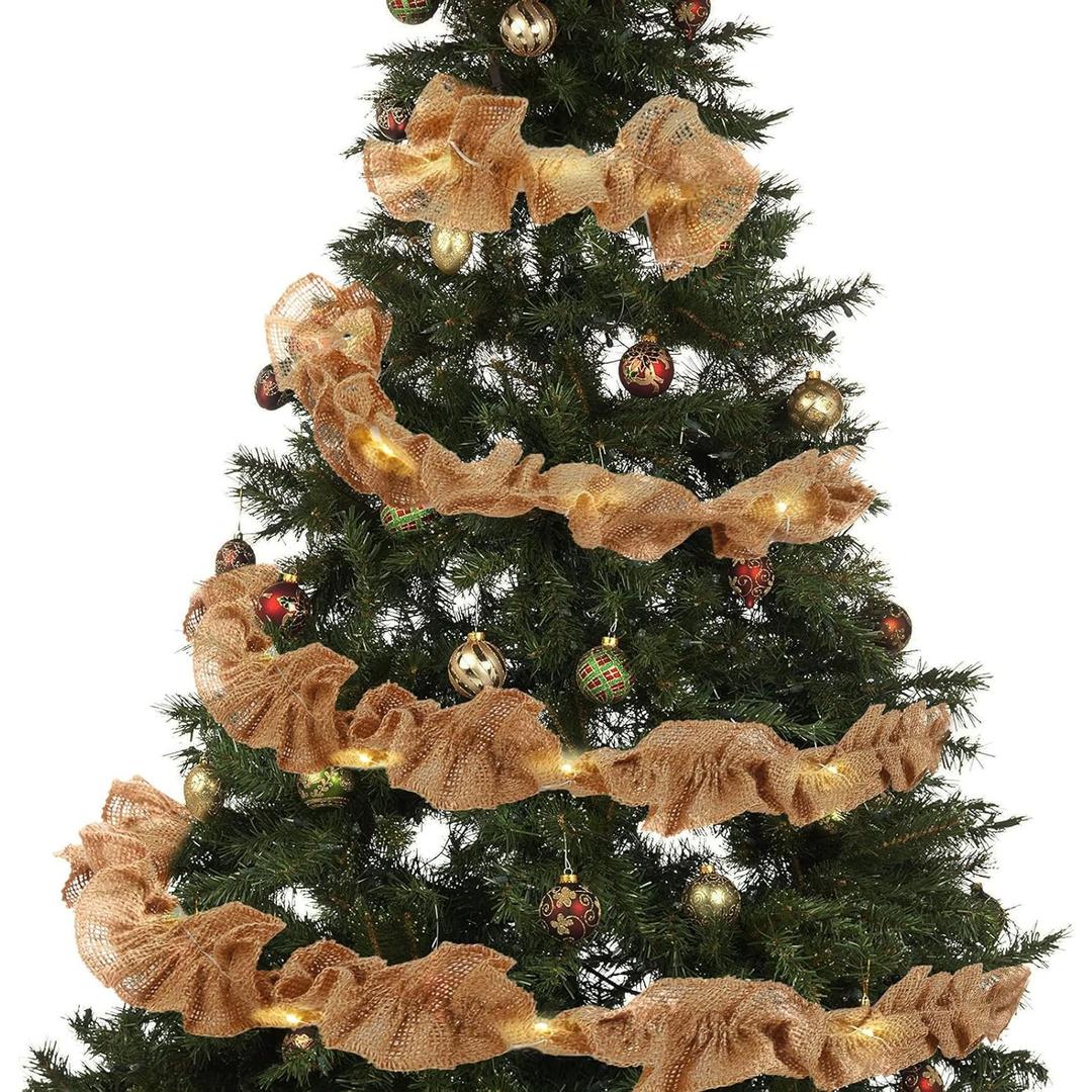 2 Pack Christmas Tree Garland with LED Light String Rustic Burlap Ribbon Wedding Handmade Decorative Wrapping Ribbons for Holiday Crafts DIY Christmas Tree Decor, 9 Feet(2.75 Inch)