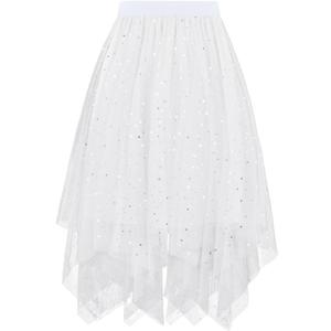 Century Star Sequin Tulle Skirts for Women Long Sequin Skirt Tutu High Low Skirt Sparkly Layered Elastic Waist A-Line Skirt (White) One Size