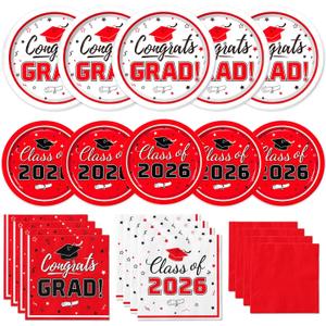 Graduation Party Supplies Kit Serves 50 - Graduation Party Red Class of 2026 Tableware Disposable Dinner Plates Dessert Plates and Napkins for Congrats Grad Party Decorations