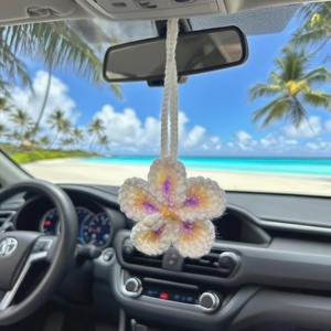 Hibiscus Flower Car Hanging Ornament,Crochet Hawaiian Tropical Flowers Bag Charms Decor Car Rear View Mirror Beach Accessories (White)