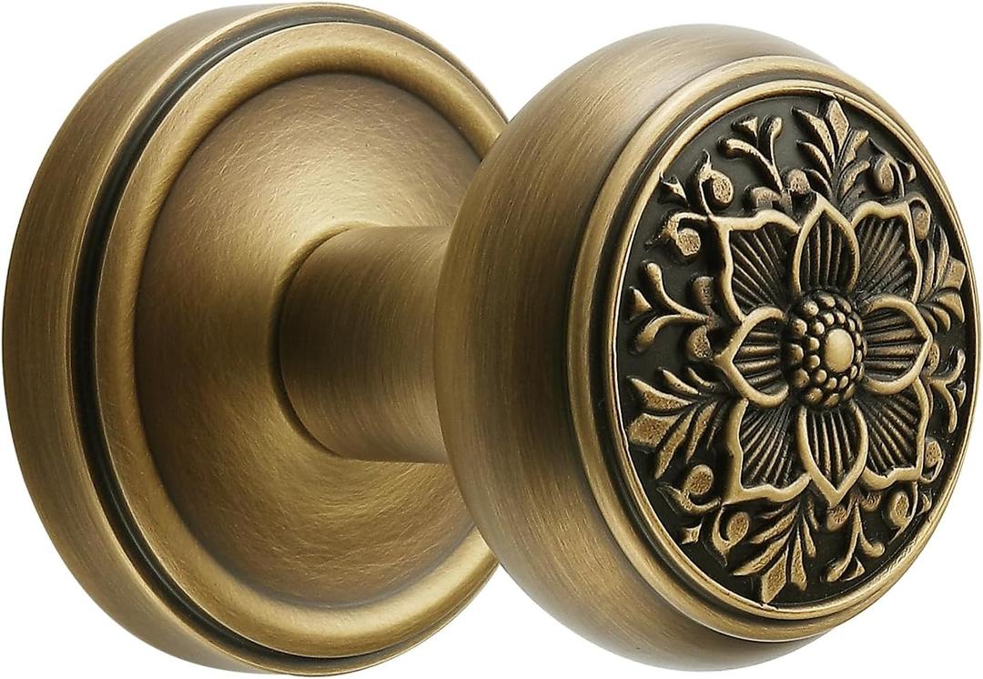 Antique Brass Door Knob with Intricate Floral Design Privacy Handles Elegant and Durable for Interior Doors, Classic Vintage Look for Home or Office Decor (Antique Brass, Privacy-2.375 in)