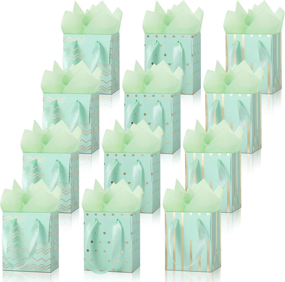 Tenare 12 Pcs Small Gift Bags Mini Metallic Paper Bag Bulk Tiny with Handle Tissue Paper for Gift Wrapping St. Patrick's Day Happy Easter Spring Birthday Party(4 x 2.75 x 4.5 Inch,Green Gold)