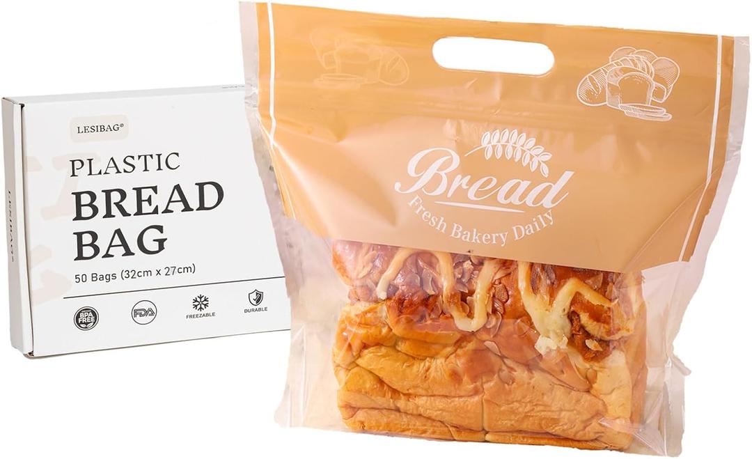 Plastic Bread Bags for Homemade Bread, Freezable Seal Tight Cellophane Bags for Loaves, SourdoughBagels (50 Packs) Orange (12.6" x 10.6")