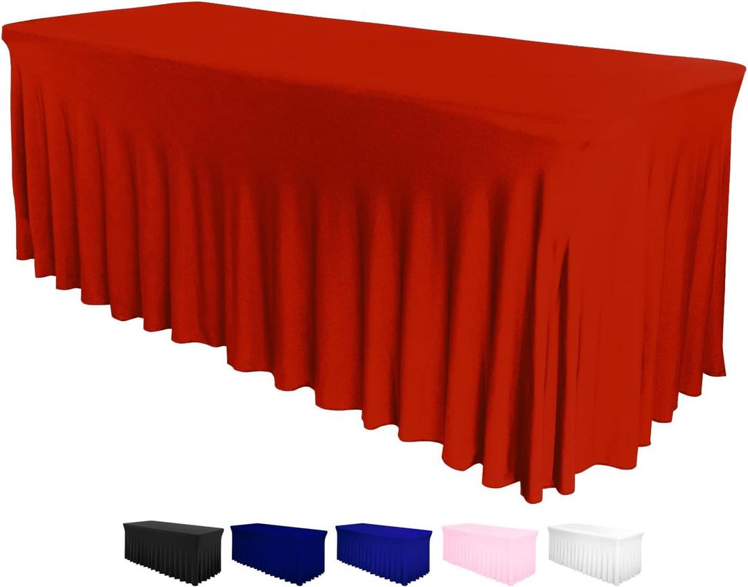 Table Skirt for Rectangular Tables 6ft - Spandex TableCovers for Standard 6 Foot Table - One Piece Fitted Elastic Tablecloth - Wrinkle Resistant Ruffles Design for Weddings, Party, Events (Red)