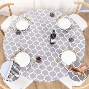 UMINEUX Round Fitted Vinyl Tablecloth with Elastic Edged & Flannel Backing, Waterproof Wipeable Round Table Cover for Indoor Outdoor Patio Use - Fits Tables up to 45" - 56" Diameter(Gray Moroccan)