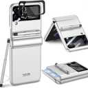 for Samsung Galaxy Z Flip 4 Case,with Stylus Fashion Business Phone case,with Hinge Protection Device and Camera Screen Protector,Case for Samsung Z Flip 4 2022 (White)