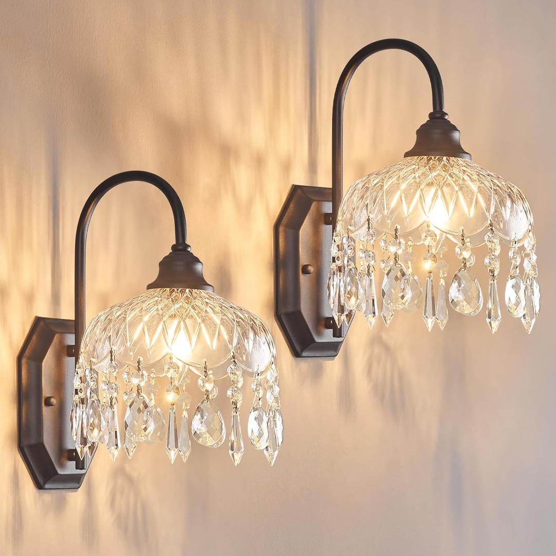 JXJYHL 2Pack Vintage Wall Sconce,Glass Crystal Wall Sconce,Matte Brushed Antique Black Finish Set of Two for Bedroom Bathroom Hallway Living Room Decor