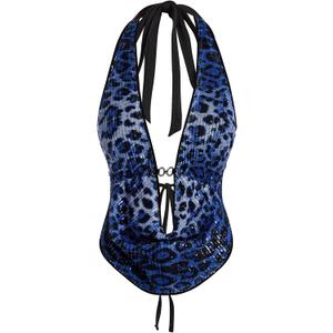 Verdusa Women's Cheetah Print Sequin Top Y2K Tie Back Corset Halter Going Out Crop Tops, Size S