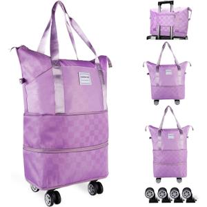 Expandable Rolling Duffle Bag - Large Carry-On With Spinner Wheels, Foldable Weekend Travel Bag, 28-58L Capacity(A-Purple)