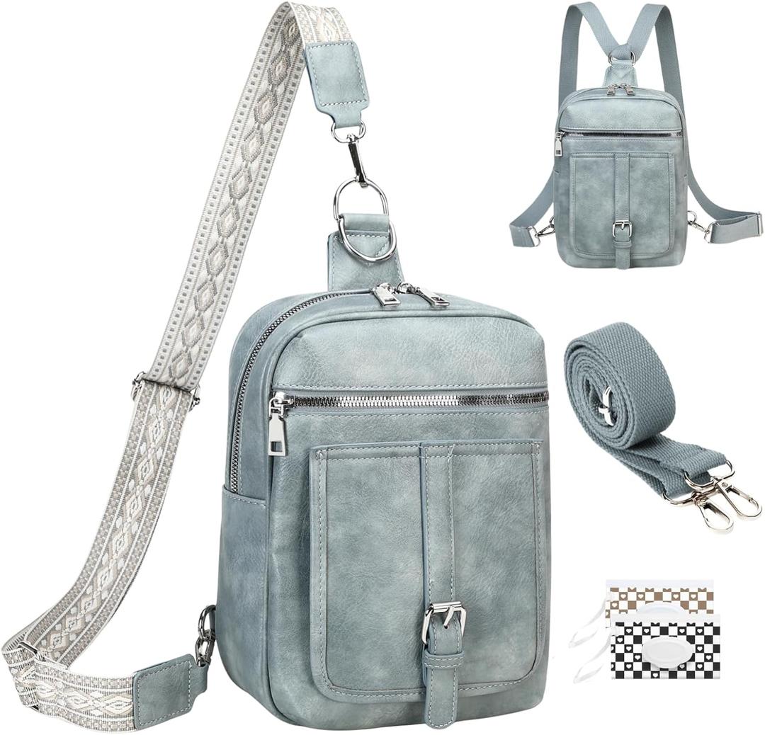Sling Bag Crossbody Backpack - 2 in 1 Leather Cross Body Bag Fanny Pack with 2 Removable Straps (Denim Blue)