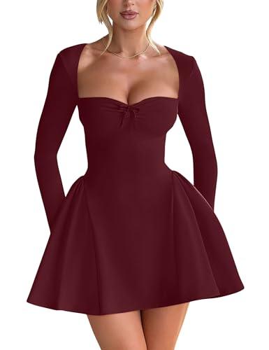 YMDUCH Women's Sexy Long Sleeve Sweetheart Neck A-line Ruffle Hem Party Club Mini Dress WineRed, Size Large