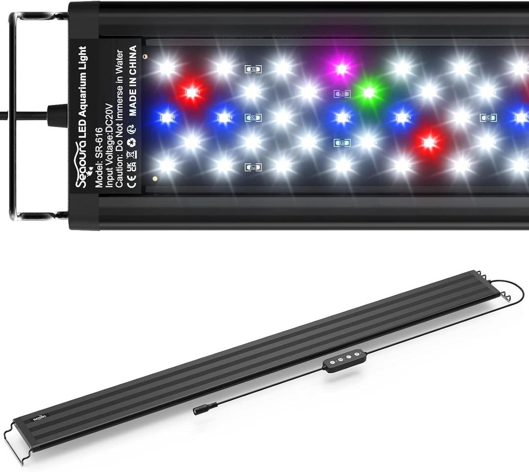 SEAOURA Led Aquarium Light for Plants-Full Spectrum Fish Tank Light with Timer Auto On/Off, 36-42 Inch, Adjustable Brightness, White Blue Red Green Pink LEDs with Extendable Brackets for Freshwater