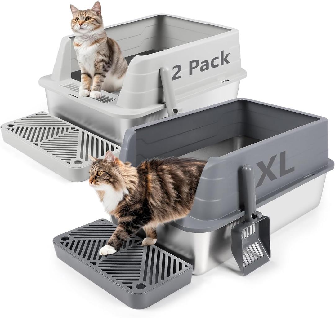 2 Pack Stainless Steel Litter Box, XL 22.9x15x 10.3 High Sided Metal Cat Litter Tray with Scoop, Filter Pedal for Anti-Splash, Odor Control, Non-Sticky, Easy to Clean (Dark Grey&Light Grey)