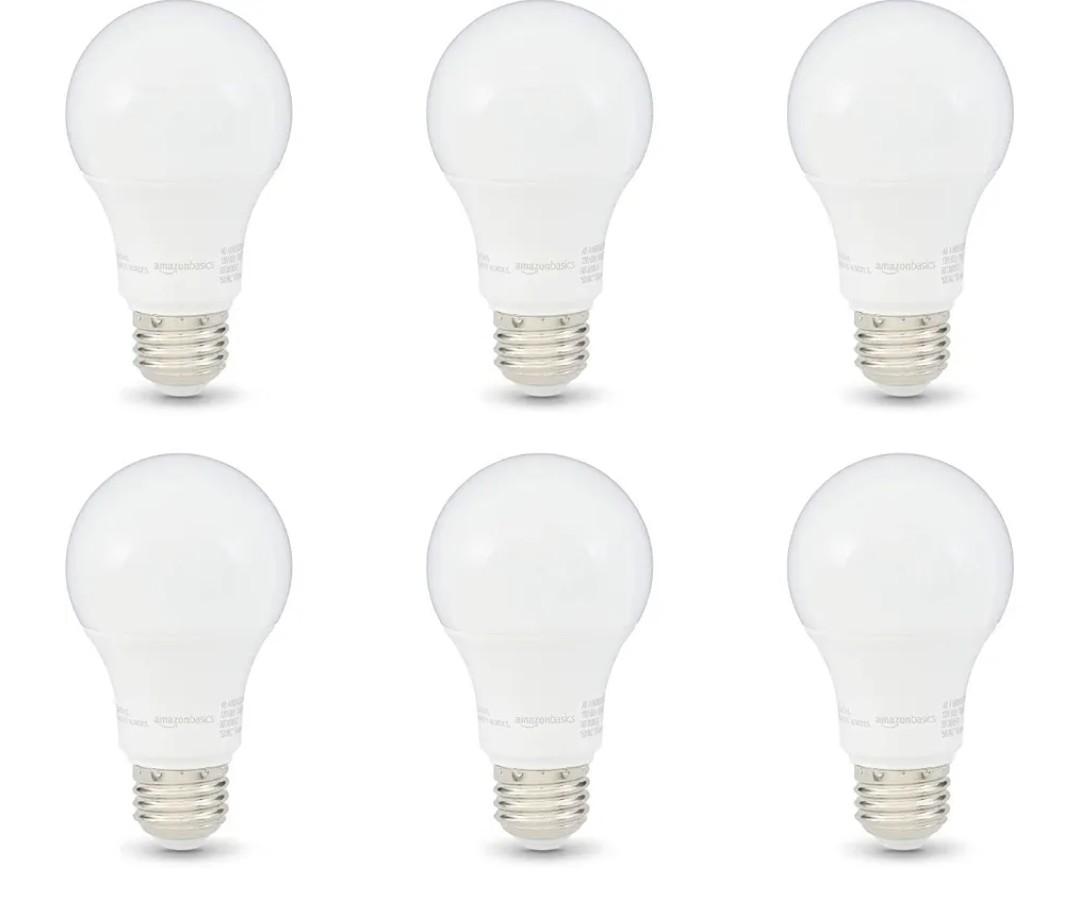 Amazon Basics A19 LED Light Bulbs, 60 Watt Equivalent, Energy Efficient 9W, E26 Standard Base, Soft White 2700K, Dimmable, 10,000 Hour Lifetime , 6-Pack