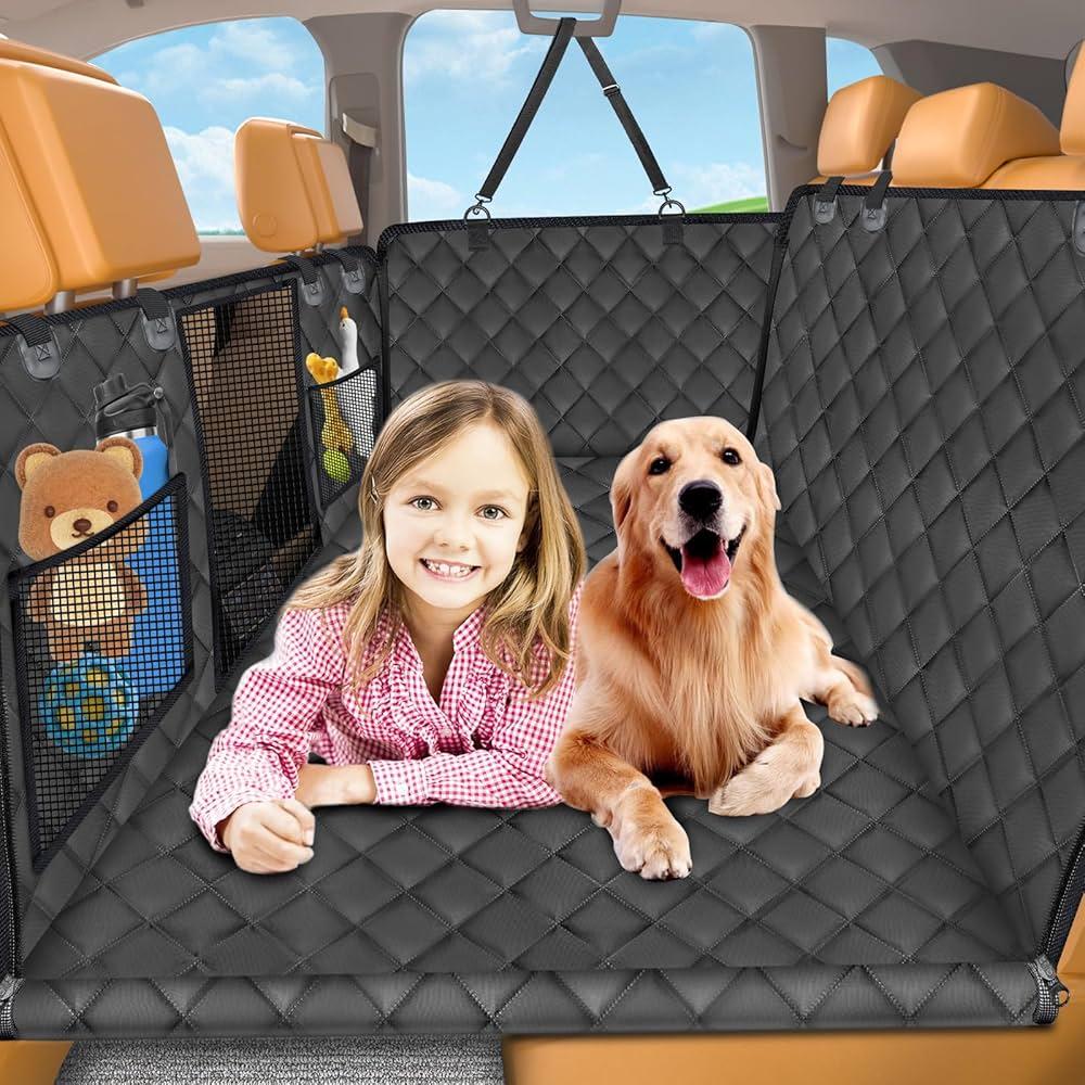 URPOWER Back Seat Extender for Dogs, Hard Bottom Dog Car Seat Cover with High Barrier Holds 400 lbs, Waterproof Dog Car Hammock with Mesh Window Dog Car Travel Bed Pet Backseat Protector for Car, SUV